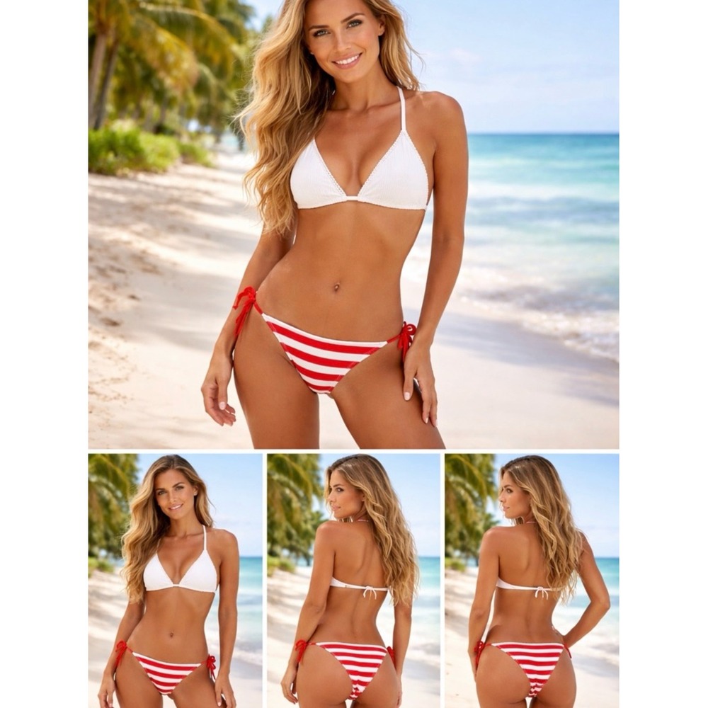 Xhilaration White‎ Ribbed Triangle Top Red White Striped Side Tie Bikini Set XS - Picture 3 of 12